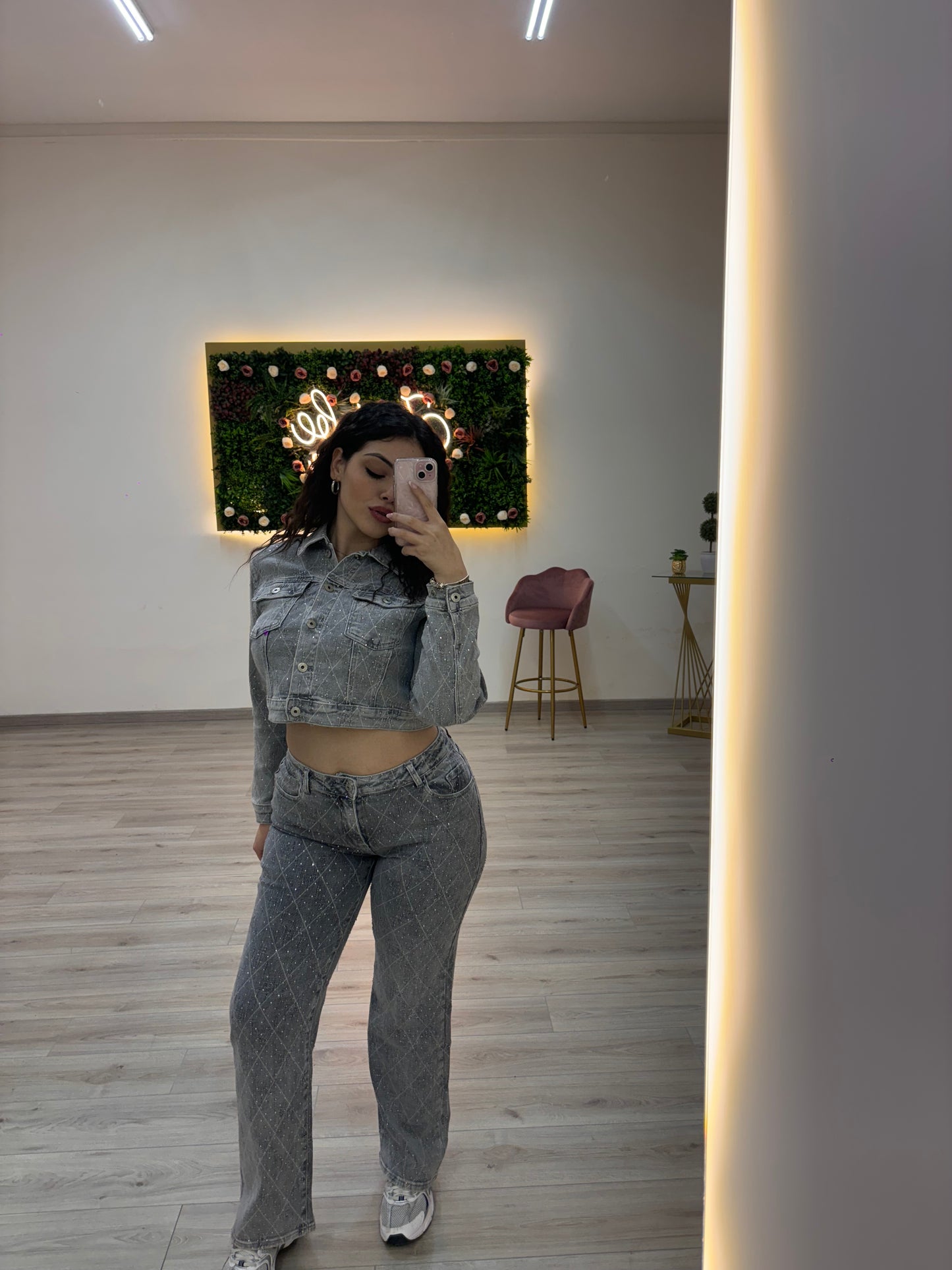 Coordinato in denim brillantinato