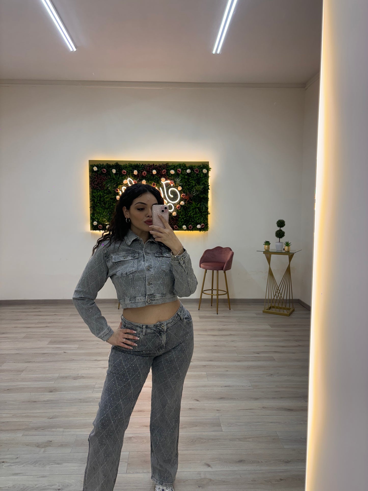 Coordinato in denim brillantinato